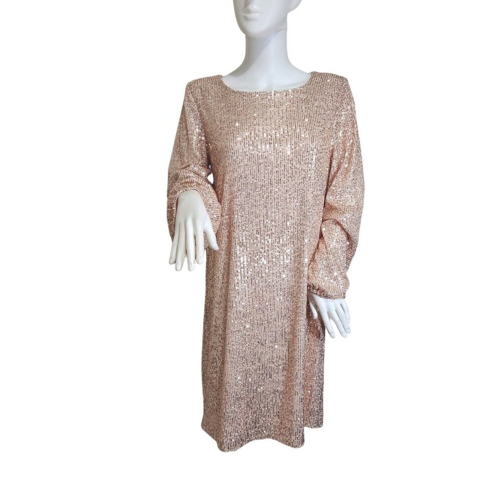 Preston & York Rosa Sequin Dress Long Blouson Sleeve Champagne Gold Size 16 (12)